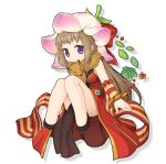  1girl animal_around_neck bangle black_footwear bow bracelet breasts brown_hair closed_mouth commentary_request detached_sleeves dress flower_hat fox full_body hat hat_bow jewelry leaf long_hair looking_at_viewer medium_bangs medium_breasts official_art pelvic_curtain pink_headwear professor_(ragnarok_online) ragnarok_online red_bow red_dress red_sleeves shoes simple_background sleeveless sleeveless_dress smile solo striped_sleeves transparent_background violet_eyes white_sleeves yuichirou 