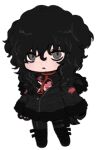  1girl :&lt; animal_ears animal_hands black_footwear black_gloves black_hair black_jacket black_pants black_shirt borrowed_character brown_eyes chest_harness chibi closed_mouth curly_hair dog_ears dog_girl dog_tail freckles full_body fur-trimmed_jacket fur-trimmed_sleeves fur_trim gloves hair_between_eyes harness jacket jacket_partially_removed lapithai long_hair long_sleeves looking_at_viewer lowres open_clothes original pants paw_gloves shirt simple_background solo standing tail transparent_background 