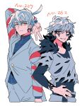  2boys arm_at_side arm_up black_hair black_shirt earrings fur_trim gotoroku_(pkg) grey_hair grey_jacket hand_on_own_hip highres jacket jewelry male_focus mightyena multicolored_hair multiple_boys orange_eyes personification pokemon shirt skarmory smile torn_clothes two-tone_hair yellow_eyes 