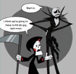 2boys absurdres commentary crossover english_commentary english_text grey_background grim_(grim_adventures) highres holding holding_scythe i_think_we&#039;re_gonna_have_to_kill_this_guy_steven_(meme) jack_skellington meme multiple_boys pinstripe_pattern pinstripe_suit rasbipac scythe skeleton speech_bubble striped suit the_grim_adventures_of_billy_&amp;_mandy the_nightmare_before_christmas two-tone_background