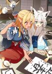  2girls ahoge animal_ear_fluff animal_ears blonde_hair blue_kimono bow braid breasts dark-skinned_female dark_elf dark_skin elf elfriend_(shiranui_flare) floral_print fox_ears fox_girl fox_tail green_eyes hair_between_eyes hair_bow highres hololive indoors itaboon japanese_clothes kimono long_hair multicolored_hair multiple_girls official_alternate_costume open_mouth pentagram pointy_ears red_eyes shirakami_fubuki shirakami_fubuki_(new_year) shiranui_flare shiranui_flare_(new_year) side_braid sidelocks single_braid streaked_hair tail virtual_youtuber white_hair 