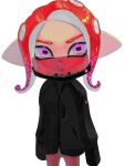  1girl black_sweater commentary_request cowboy_shot kurutot1 looking_at_viewer mask medium_hair octoling octoling_girl pointy_ears redhead simple_background solo splatoon_(series) standing sweater tentacle_hair tongue tongue_out v-shaped_eyebrows violet_eyes white_background 