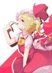  1girl ascot blonde_hair crystal dress flandre_scarlet food from_side hat highres kabochamaronpie looking_at_viewer pocky red_dress red_eyes side_ponytail solo touhou yellow_ascot 
