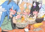  3girls aburaage animal_ears black_hair blonde_hair blue_hair blush burnt_tongue chopsticks closed_eyes colored_inner_hair creature eating food hair_ornament hairclip highres holding holding_chopsticks horns long_hair mamuru multicolored_hair multiple_girls noodles nose_blush original purple_hair red_eyes sketch sweat table tempura tongue tongue_out udon violet_eyes 