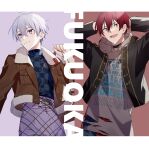  2boys aiue_o_eiua arms_behind_back black_jacket blue_shirt brown_background brown_jacket commentary_request cowboy_shot english_text fur-trimmed_jacket fur_trim grey_hoodie highres hood hoodie idolish7 inumaru_toma jacket jewelry letterboxed looking_at_viewer looking_to_the_side male_focus multiple_boys necklace open_mouth osaka_sougo pants place_name purple_background purple_hair purple_pants red_eyes redhead shirt short_hair simple_background smile violet_eyes white_background 