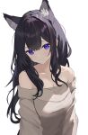  1girl animal_ear_fluff animal_ears bare_shoulders black_hair blue_eyes breasts cat_ears cat_girl duosix_setsu0408 highres long_hair long_sleeves looking_at_viewer off-shoulder_sweater off_shoulder original sweater upper_body 