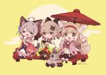  3girls animal_ears arknights artist_name blonde_hair cat_ears cat_girl cat_tail chibi closed_eyes commentary eating fox_ears fox_girl fox_tail green_eyes grey_hair kitsune kyuubi lens_(arknights) light_brown_hair long_hair mint_(arknights) mint_(tsukiyoi)_(arknights) multiple_girls multiple_tails official_alternate_costume open_mouth scene_(arknights) scene_(betsushi)_(arknights) short_hair suzuran_(arknights) suzuran_(yukibare)_(arknights) symbol-only_commentary tail urabe_(mstchan) yellow_eyes 