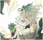  1boy claws coat flower green_hair grey_eyes horns ivan_perepelkin looking_at_viewer mondorera sideways_glance single_horn solo terra_formars white_coat white_flower 