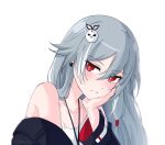  1girl black_jacket closed_mouth fu_hua fu_hua_(herrscher_of_sentience) grey_hair hair_between_eyes hair_ornament hand_on_own_chin highres honkai_(series) honkai_impact_3rd jacket jingwei_(bird) long_hair looking_at_viewer multicolored_hair off_shoulder official_alternate_costume red_eyes shirt simple_background sleeveless sleeveless_shirt solo streaked_hair upper_body white_background white_hair white_shirt yellow_pupils yuhuria_52 