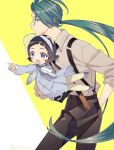  2girls black_hair blue_eyes bonnet carrying carrying_person child dress earrings gloves green_hair hand_in_pocket jewelry light_blush long_hair looking_afar multiple_girls necktie open_mouth pants pointing pokemon pokemon_sv ponytail poppy_(pokemon) red_eyes rika_(pokemon) shirt short_hair shougo-akira signature simple_background suspenders very_long_hair yellow_background 