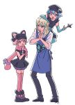  1girl 2boys :d animal_hands animal_hat apron black_dress black_pants blonde_hair blue_eyes blue_hair brother_and_sister cabbie_hat carrying carrying_person cat_hat crossdressing dorothy_west dress full_body gloves hair_between_eyes hands_up hat height_difference highres holding holding_weapon idol_land_pripara long_hair looking_at_another mole mole_under_eye multicolored_hair multiple_boys ninja open_mouth otoko_no_ko pants paw_gloves paw_shoes pink_eyes pink_hair pink_scarf pink_thighhighs pretty_series pripara purple_apron reona_west rituyama1 sandals scarf short_hair shuriken siblings simple_background sitting sitting_on_person smile standing streaked_hair thigh-highs twins ushimitsu_(pripara) weapon white_background 