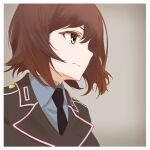  1girl absurdres black_jacket black_necktie brown_eyes brown_hair closed_mouth dress_shirt frown girls_und_panzer grey_background grey_shirt highres jacket lapels long_sleeves looking_to_the_side military_uniform necktie niedersachsen_military_uniform nishizumi_maho notched_lapels oritako shirt short_hair simple_background solo uniform wing_collar 