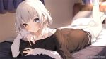  1girl bang_dream! bang_dream!_it&#039;s_mygo!!!!! bed bedroom blue_eyes grey_hair guest_art heterochromia jun_(aousa0328) kaname_raana looking_at_viewer on_bed short_hair white_hair yellow_eyes 