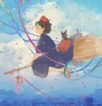  1girl absurdres bag black_cat black_eyes black_hair black_robe blue_sky bow_hairband box broom broom_riding brown_footwear cat city cityscape clouds commentary confetti flying from_side full_body gift gift_box hairband highres jiji_(majo_no_takkyuubin) kiki_(majo_no_takkyuubin) loafers looking_ahead majo_no_takkyuubin midair mountain procreate_(medium) profile red_bag red_hairband robe shoes short_hair shoulder_bag sky smile solo symbol-only_commentary witch yamasakiu 