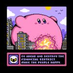  building city clouds commentary drew_wise explosion highres kirby kirby_(series) meta_knight no_humans pixel_art purple_sky sky sun 