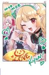  2girls ahoge apron blonde_hair blurry blurry_background eyepatch food green_nails hakamii heart heart_hands highres ketchup long_hair maid_apron maid_headdress maria_marionette multiple_girls nijisanji nijisanji_en omelet omurice one_eye_closed pink_hair pointy_ears pomu_rainpuff pomu_rainpuff_(2nd_costume) red_eyes violet_eyes virtual_youtuber white_apron 