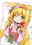  1girl ;) animal_ear_fluff animal_ears apron arknights blonde_hair blush candy_apple closed_mouth flower food fox_ears fox_girl fox_tail frilled_apron frills green_eyes hair_flower hair_ornament hairband highres holding holding_food japanese_clothes kimono kitsune kyuubi long_hair long_sleeves looking_at_viewer multiple_tails nasumikan_(nodoame241) obi official_alternate_costume one_eye_closed pink_kimono red_hairband sash simple_background smile solo split_mouth suzuran_(arknights) suzuran_(yukibare)_(arknights) tail v waist_apron white_apron 