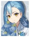  1other absurdres androgynous asymmetrical_bangs blue_flower blue_hair border bouquet chocoeiru closed_mouth eyelashes flower hair_between_eyes highres jacket long_hair looking_at_viewer ponytail portrait rimuru_tempest smile tensei_shitara_slime_datta_ken white_border white_jacket yellow_eyes 