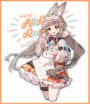  1girl animal_ears arknights artist_request blush dress grey_hair highres holding infection_monitor_(arknights) long_hair looking_at_viewer open_mouth orange_eyes rabbit_ears rabbit_girl shirt smile socks solo teeth upper_teeth_only very_long_hair warmy_(arknights) 