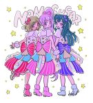  3girls :d blue_bow blue_eyes blunt_bangs boots bow brown_hair dress from_behind full_body fur_boots green_hair group_name hair_bow idol_clothes long_hair looking_at_viewer looking_back manaka_non multiple_girls open_mouth pink_bow pink_footwear pretty_series pripara purple_hair red_bow rituyama1 short_hair side_ponytail signature smile standing standing_on_one_leg star_(symbol) starry_background taiyo_pepper tsukikawa_chili two_side_up very_long_hair violet_eyes 