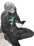  1boy black_bodysuit black_pants bodysuit cyborg eyepatch from_above grey_hair highres pants punishing:_gray_raven sidelocks sitting solo violet_eyes watanabe_(punishing:_gray_raven) white_background yongsadragon 