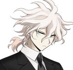  1boy absurdres black_jacket black_necktie brown_hair collared_shirt danganronpa_(series) danganronpa_2:_goodbye_despair earrings grey_eyes grey_hair hair_between_eyes highres jacket jewelry komaeda_nagito male_focus messy_hair natsukusa_(hacho129) necktie ponytail shirt simple_background solo white_background white_shirt 