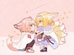  2girls animal_ears arknights black_footwear black_pantyhose blonde_hair blue_eyes blue_hairband braid braided_hair_rings coat commentary_request dress fox_ears fox_girl fox_tail from_side green_eyes hairband highres kitsune kyuubi multiple_girls multiple_tails oonohara_kenya open_mouth pantyhose pink_background pink_hair purple_dress purple_scarf scarf short_hair squatting standing star_(symbol) sussurro_(arknights) suzuran_(arknights) tail twin_braids white_coat white_footwear 