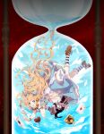  1girl :o absurdres ace_(playing_card) ace_of_hearts ace_of_spades alice_(alice_in_wonderland) alice_in_wonderland antique_phone apron back_bow blonde_hair blue_bow blue_dress blue_eyes bow broken_heart card commentary_request cup dress falling footwear_bow frilled_apron frills full_body hair_bow hat heart high_heels highres holding holding_phone hourglass in_hourglass long_hair looking_at_viewer miemia neck_ruff open_mouth phone playing_card pocket_watch puffy_short_sleeves puffy_sleeves rabbit rotary_phone saucer shoes short_sleeves signature socks solo spade_(shape) sparkle striped striped_socks talking_on_phone teacup very_long_hair watch water white_rabbit_(alice_in_wonderland) wrist_cuffs 