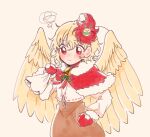  1girl animal animal_on_head bell bird bird_on_head bird_wings blonde_hair blush brown_dress capelet closed_mouth dress feathered_wings hair_between_eyes holding holding_sack itomugi-kun long_sleeves mittens multicolored_hair niwatari_kutaka on_head red_capelet red_eyes red_mittens redhead sack shirt short_hair simple_background solo squiggle touhou two-tone_hair white_shirt wings yellow_background yellow_wings 
