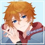  1boy blue_eyes blue_jacket closed_mouth denim denim_jacket earrings genshin_impact hair_between_eyes hood hoodie jacket jewelry male_focus orange_hair red_hoodie sheishii single_earring tartaglia_(genshin_impact) 