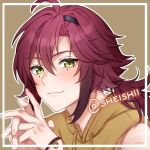  1boy artist_name blush brown_hoodie closed_mouth genshin_impact green_eyes hair_between_eyes hood hoodie long_hair looking_at_viewer male_focus mole mole_under_eye multicolored_hair redhead sheishii shikanoin_heizou smile solo streaked_hair twitter_username 