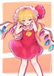  1girl ascot blonde_hair cowboy_shot crystal dress flandre_scarlet hat highres kabochamaronpie long_hair open_mouth red_dress red_eyes solo touhou twintails yellow_ascot 