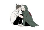  2boys ahoge black_pants brown_hair collared_shirt danganronpa_(series) danganronpa_2:_goodbye_despair eye_contact from_side green_jacket green_necktie grey_hair highres hinata_hajime hood hooded_jacket hugging_own_legs jacket komaeda_nagito long_sleeves looking_at_another messy_hair multiple_boys natsukusa_(hacho129) necktie pants shirt shoes simple_background sitting white_background 