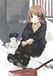  1girl absurdres blush earmuffs gloves highres looking_at_viewer original sasaxxxx06 shovel snow snow_boots snow_shovel snowman solo winter winter_clothes 