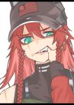  1girl baseball_cap beowulf_(girls&#039;_frontline) braid commander_(girls&#039;_frontline) earrings fang finger_in_another&#039;s_mouth girls_frontline green_eyes hat highres jewelry long_hair mojamozanari portrait pov pov_hands scar scar_across_eye scar_on_shoulder twin_braids white_background 