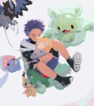  1boy black_footwear boku_no_hero_academia closed_eyes commentary corvisquire crossover english_commentary espurr highres inkay mimikyu pokemon pokemon_(creature) psyduck purple_hair reuniclus sheepishs shinsou_hitoshi shoes short_hair shorts simple_background smile white_background 