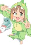  1girl :3 :d absurdres barefoot brown_hair colored_inner_hair creature diamond-shaped_pupils diamond_(shape) dinosaur_costume double_v fang full_body green_eyes highres hood hood_up light_blush looking_at_viewer multicolored_hair nuurise2023 oka_asahi onii-chan_wa_oshimai! open_mouth orange_hair pillow simple_background smile solo standing symbol-shaped_pupils two-tone_hair v white_background zipper_pull_tab 