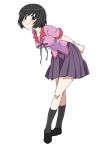  1girl bent_over black_eyes black_hair black_socks breasts hair_ornament hairclip hanekawa_tsubasa highres itoma_mahimahi juliet_sleeves large_breasts loafers long_sleeves looking_at_viewer monogatari_(series) naoetsu_high_school_uniform pink_shirt pleated_skirt puffy_sleeves purple_skirt school_uniform shirt shoes short_hair short_sleeves simple_background skirt smile socks solo white_background white_hair 