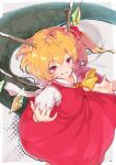  1boy ascot blonde_hair dragon_girl dragon_horns dragon_tail dress flandre_scarlet from_above highres horns kabochamaronpie medium_hair red_dress red_eyes side_ponytail smirk solo tail touhou yellow_ascot 