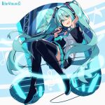  1girl artist_name black_footwear black_skirt black_sleeves blue_hair blue_necktie blue_trim boots breasts collared_shirt dark_hound_3 detached_sleeves dress_shirt floating_hair full_body hair_between_eyes hair_ornament hatsune_miku headphones headset highres holding holding_microphone long_hair long_sleeves microphone miniskirt necktie pleated_skirt shirt skirt sleeveless sleeveless_shirt small_breasts solo thigh_boots twintails very_long_hair vocaloid white_shirt wing_collar zettai_ryouiki 