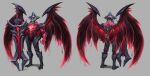  1boy aatrox armored_boots boots colored_skin davidsyk from_behind full_body grey_background grey_skin helmet highres holding holding_weapon league_of_legends male_focus multiple_views muscular muscular_male red_eyes red_skin red_wings simple_background standing weapon wings 