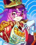  1girl :t chevreuse_(genshin_impact) commentary_request food food_on_face genshin_impact gloves hat highres long_hair multicolored_hair onion_rings pikoillust purple_hair shako_cap solo streaked_hair upper_body violet_eyes white_gloves white_hair 