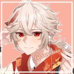  1boy alternate_costume artist_name closed_mouth fingernails genshin_impact grey_hair hair_between_eyes headphones kaedehara_kazuha male_focus multicolored_hair red_background red_eyes red_scarf redhead scarf sheishii smile streaked_hair twitter_username 