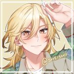  1boy artist_name blonde_hair brown_shirt closed_mouth earrings genshin_impact holding holding_pen jewelry kaveh_(genshin_impact) long_hair long_sleeves looking_at_viewer male_focus necklace pen red_eyes sheishii shirt smile solo twitter_username 