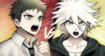  2boys absurdres ahoge brown_hair clenched_hand collarbone collared_shirt d: danganronpa_(series) danganronpa_2:_goodbye_despair green_jacket green_necktie grey_eyes grey_hair hair_between_eyes highres hinata_hajime hood hood_down hooded_jacket jacket komaeda_nagito looking_at_viewer male_focus messy_hair multicolored_hair multiple_boys natsukusa_(hacho129) necktie orange_background red_background shirt teeth tongue two-tone_hair vs 