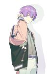  1boy belt blue_hair buttons earrings floral_print hand_up highres jacket jewelry kamishiro_rui long_sleeves looking_at_viewer male_focus multicolored_hair necklace open_clothes open_jacket pants project_sekai purple_belt purple_hair short_hair solo streaked_hair tang_fen_yifu two-tone_hair white_background white_pants yellow_eyes 