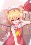  1girl animal_ears ascot cat_ears cowboy_shot fang flandre_scarlet hat highres kabochamaronpie medium_hair red_eyes side_ponytail solo tongue tongue_out touhou yellow_ascot 