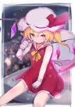  1girl ascot bag dress flandre_scarlet gloves hat highres kabochamaronpie looking_at_viewer outdoors red_dress red_eyes short_hair side_ponytail sitting smile snow solo touhou white_gloves yellow_ascot 