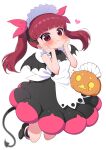  1girl :p apron black_dress black_footwear blush boots bow demon_tail demon_wings dress food food_on_face hair_bow halloween halloween_costume hands_on_own_face heart highres jack-o&#039;-lantern kemurikusa maid_headdress pink_bow pink_eyes ransusan redhead rina_(kemurikusa) simple_background sleeveless sleeveless_dress smile solo tail tongue tongue_out twintails white_background wings 