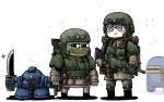  1girl 2others among_us astra_militarum blonde_hair fantasy gun hat holding holding_gun holding_knife holding_weapon knife military military_hat military_uniform multiple_others octosoup pepe_the_frog soldier uniform warhammer_40k weapon 
